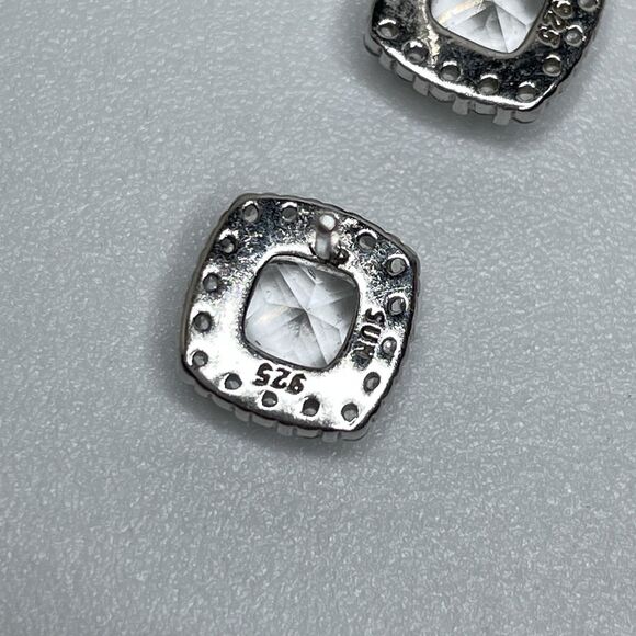 Elegant 925 Sterling Silver Cushion Cut Halo White Sapphire Dainty Stud Earrings - Picture 2 of 8